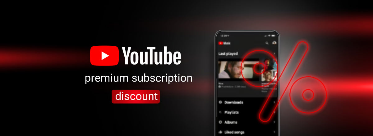 YouTube premium subscription discount with smartphone displaying app interface on black background